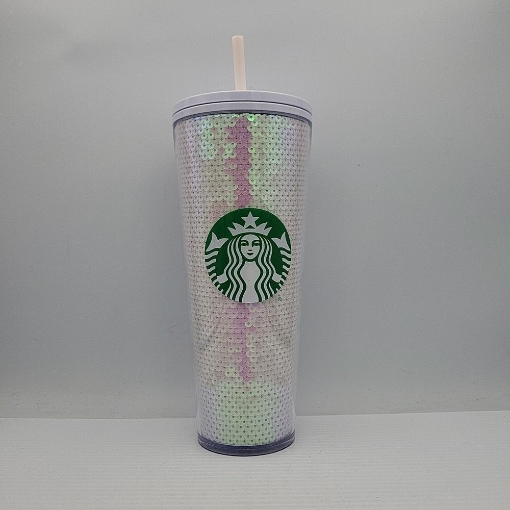 Starbucks 2020 Exclusive Pink & White Sequin 24 oz Tumbler Cold Cup